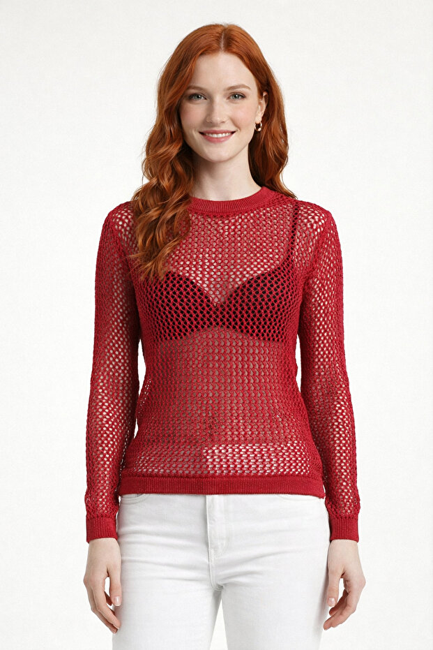 Women's Crew Neck Mesh Knit Perforated Knitwear Sweater
