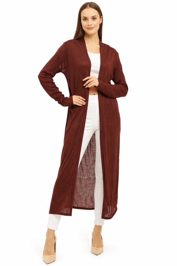 Long Thin Knitwear Cardigan Straight Cut Seasonal Loose Cardigan with Slit Detail