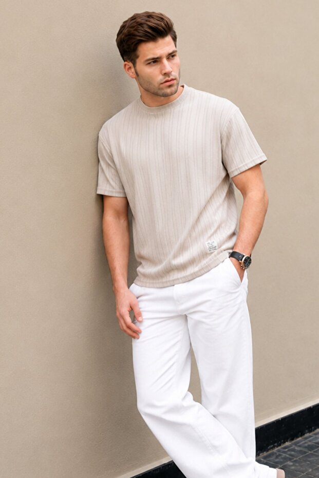 Beige Oversize Crew Neck Men's T-Shirt 6179