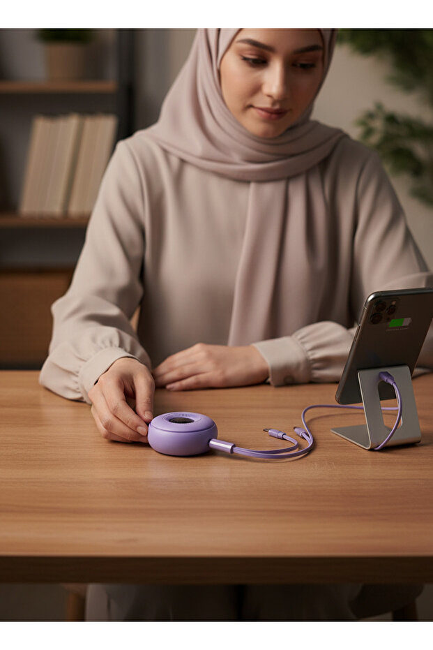 كابل شحن قابل للسحب 3 في 1 باللون الأرجواني، شحن سريع 66 واط، كابل بيانات USB-C ومايكرو USB وLightning للسفر والسيارة والمكتب