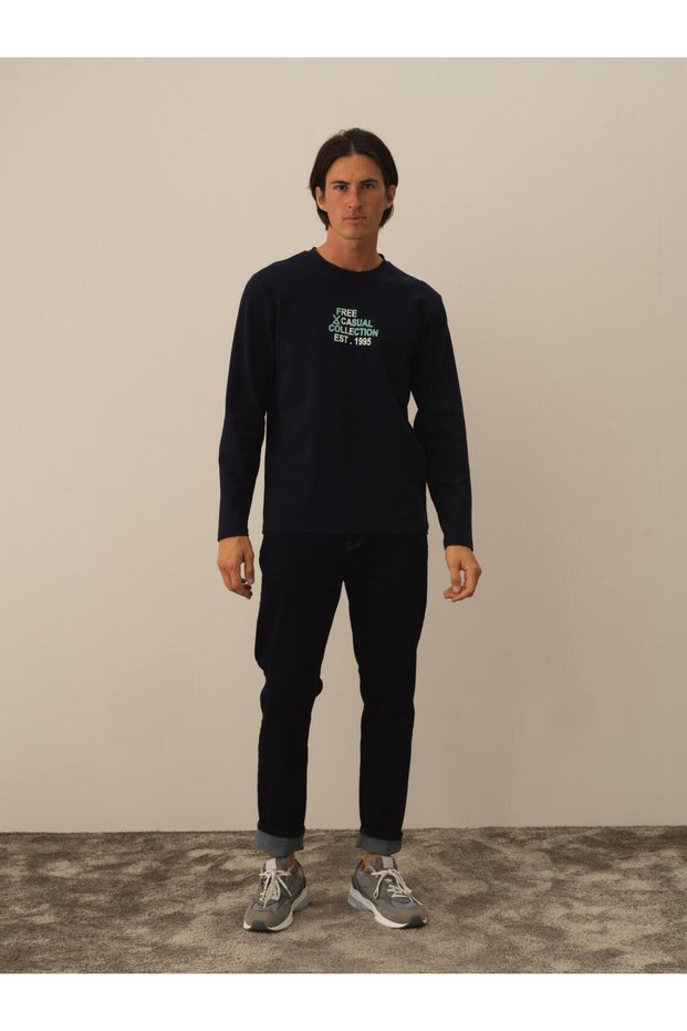 Men's Navy Blue Cotton Textured Regular Fit Long Sleeve T-Shirt