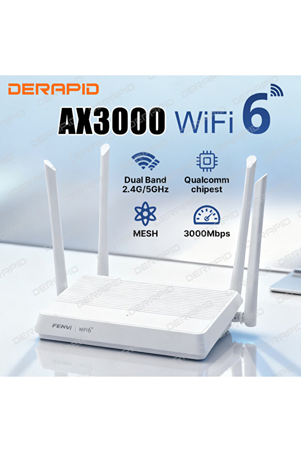 موسع نطاق لاسلكي FENVI AX3000 بتقنية واي فاي 6 Mesh، مزود بقابس أمريكي، يدعم نطاقي 2.4 جيجاهرتز و5 جيجاهرتز، وأربعة هوائيات عالية الكسب.