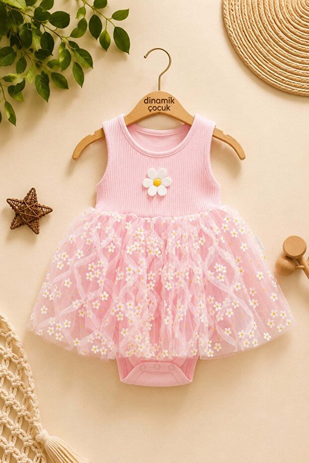 Daisy Patterned Tulle Dress with Ribbed Sleeves, Summer Style, Snap Buttons at the Bottom, Bodysuit for Girls