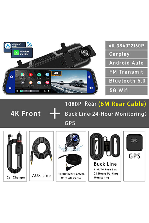 4K-6M 1080P-BL-GPS 10" Dash Cam 4K 3840*2160P Car Dvr Carplay Android Auto GPS 5G WIFI AUX Stream R