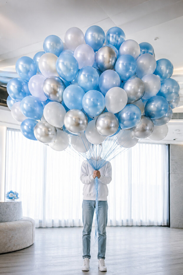 50 Pieces A. blue-white-silver Metallic Balloon, 5 Mt Balloon Chain, Party Balloon Set