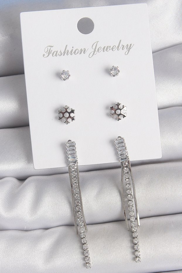 Brass Gold Color Zircon Stone Dangle Flower Detail 3 Pair Women's Earring Set