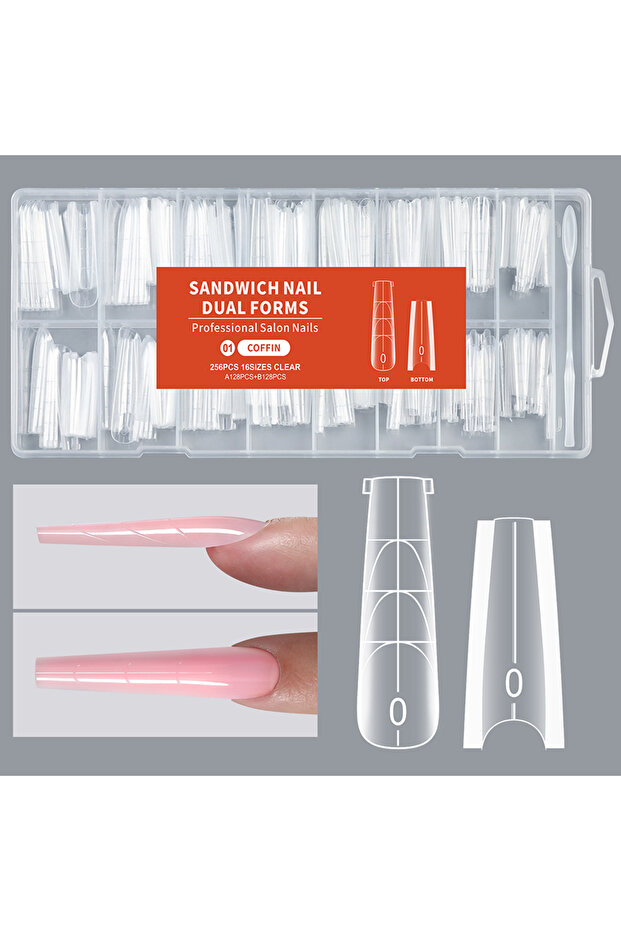 01 256Pcs Reusable Gel Nail Extension Forms Coffin & Almond Dual Shapes 16 Sizes Sandwich Top & Bott