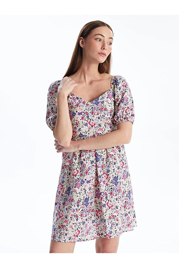 Square Neck Floral Short Sleeve Dress (S4)
