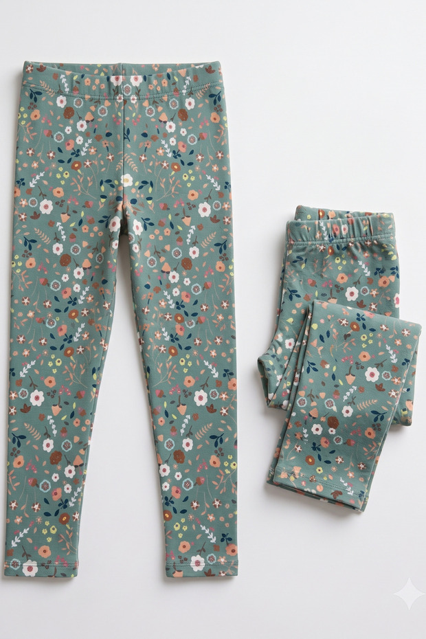 Girls' Leggings Green Background White Floral Pattern Stretchy Fabric 100% Cotton Leggings Cotton Casual Leggings 2-13 Years