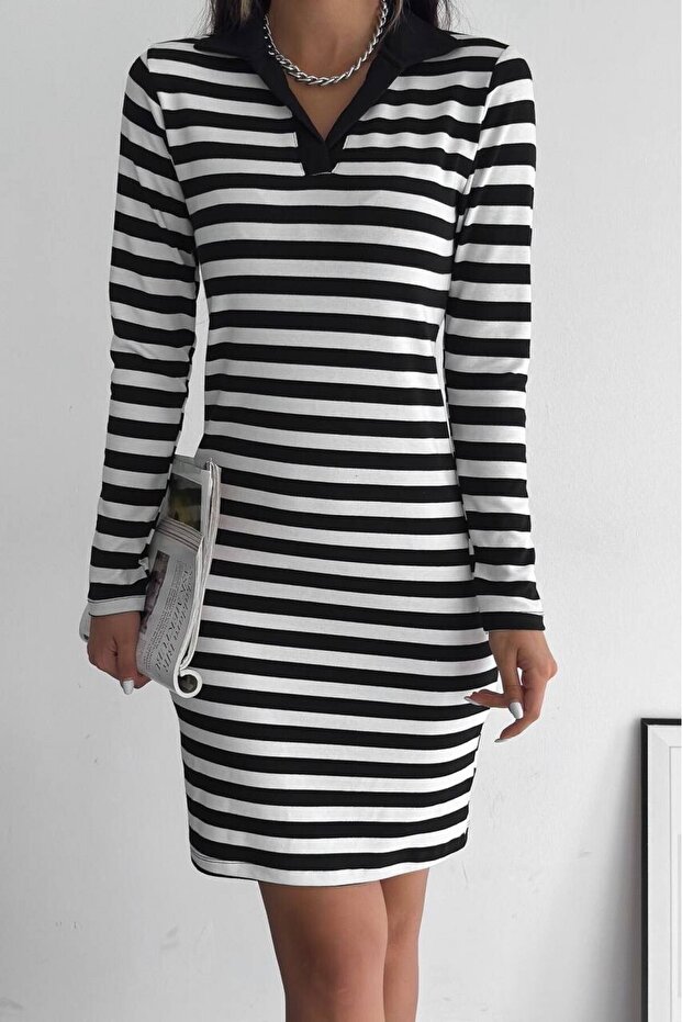 Collared Striped Long Sleeve Dress