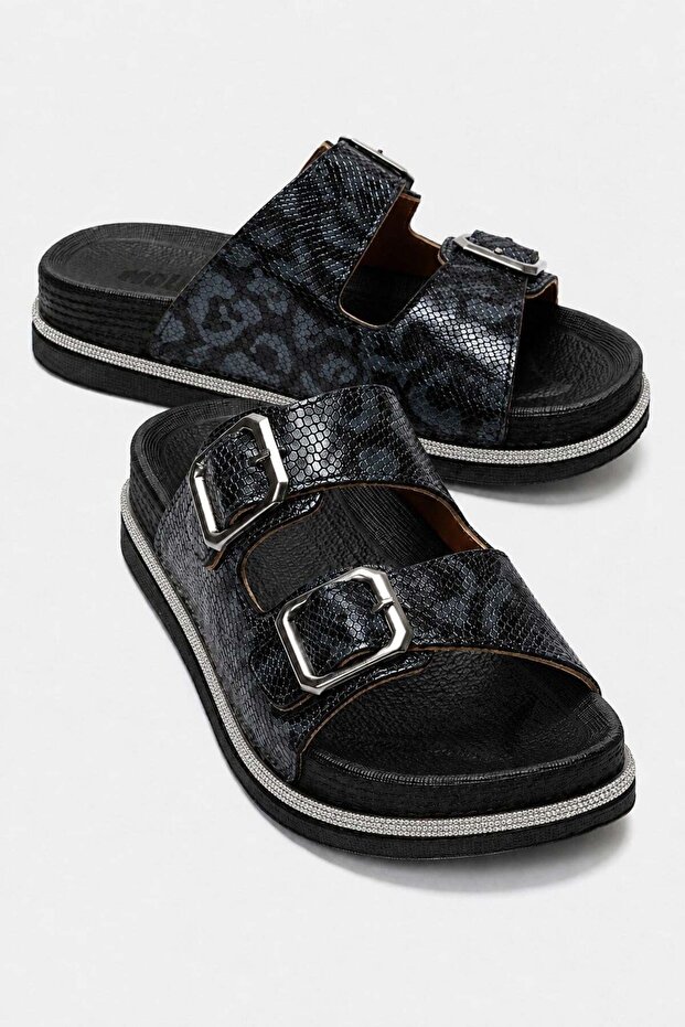 2 Buckle Stoned Genuine Leather Women's Slippers Black Snake
