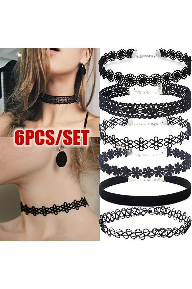 32plus7 6PCS 6Pcs/Set Black Lace Chokers Necklace Set Vintage Gothic Punk Elastic Necklace Women'S N