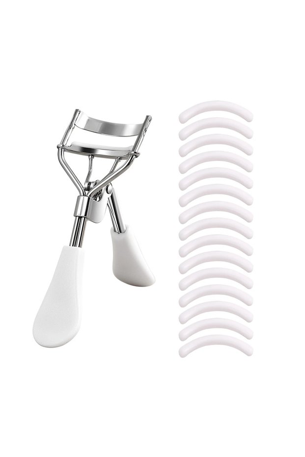 A0009-White with 15 Silicone Pads and Stainless Steel Eyelash Curler Portable Eyelash Curler, Used f