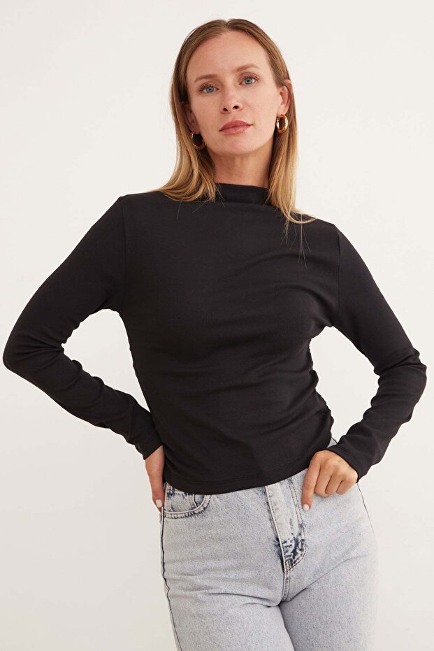 Basic Draped Side Stand Collar Modal Blouse