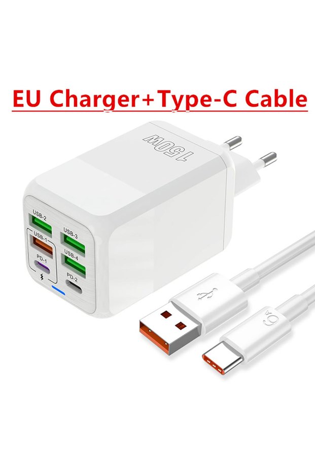 EU White and Cable 150W Multi Port USB Charger 6 Ports Fast Charge Phone Charger Wall Adapter For iP