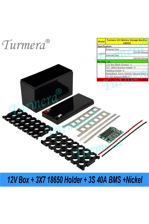 R101-KKTZ-Black Turmera DIY 12V Battery Box 3x7 18650 Holder 40A BMS Voltage Capacity Displayer 2*US
