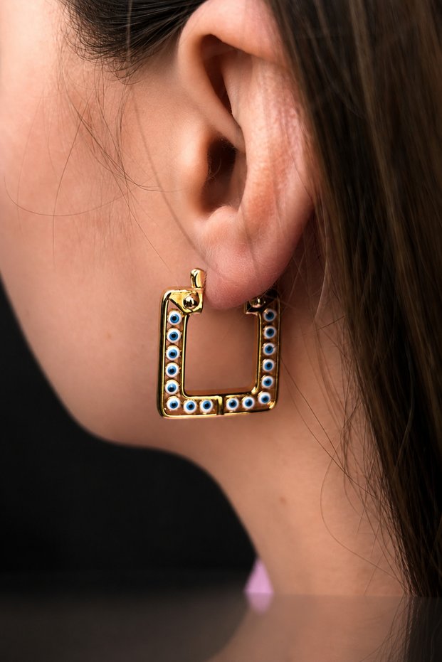 Bym082 Rose Gold Square Evil Eye Beaded Women's Steel Earrings Water Resistant 3 cm