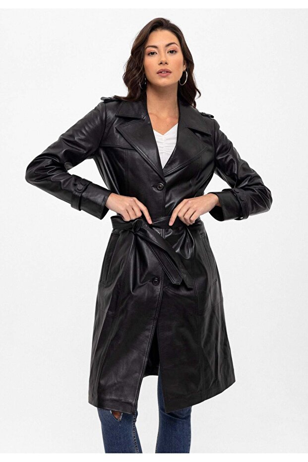 Black Cassie Slit Lined Belted Trench Coat Women's Genuine Leather Coat