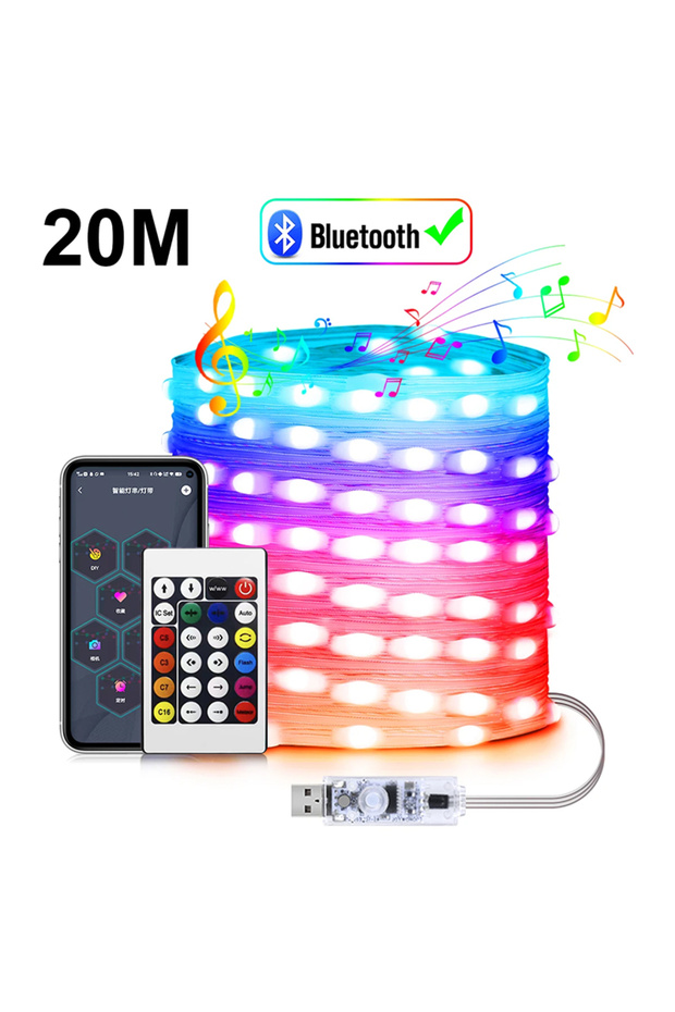 None 20m 65.6FT 20M RGBIC USB 5V LED Sting Light Bluetooth Music APP WS2812 Programmable DIY Fairy L