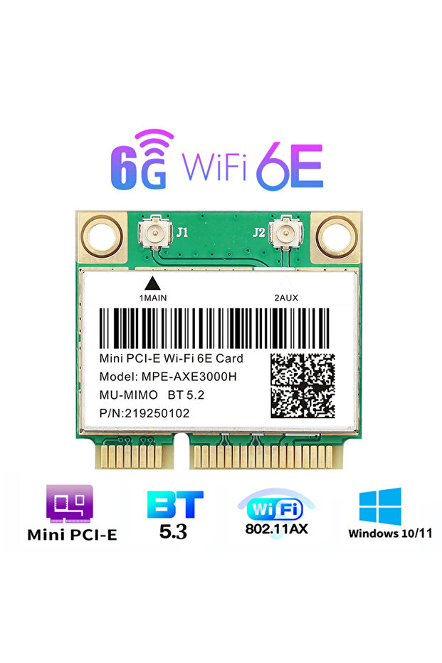 بطاقة شبكة لاسلكية صغيرة PCI-E مزودة بتقنية واي فاي 6E MPE-AXE3000H، تدعم واي فاي 6/5/4 وبلوتوث، مناسبة لأجهزة الكمبيوتر المحمولة والمكتبية.