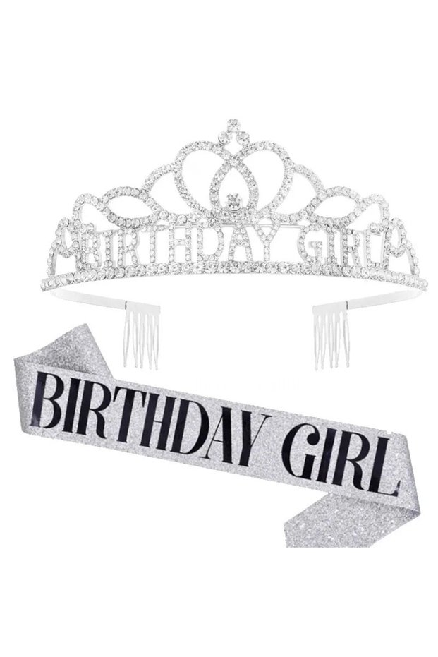 silver girl Happy Birthday Crown Grils Tiara Brithday Princess Birthday Queen Shoulder Strap Sash Se