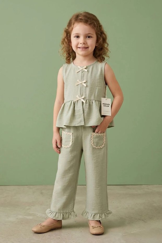 My Little One's Muslin Bow Detailed Pocketed Girls' 2-Piece Set - Green