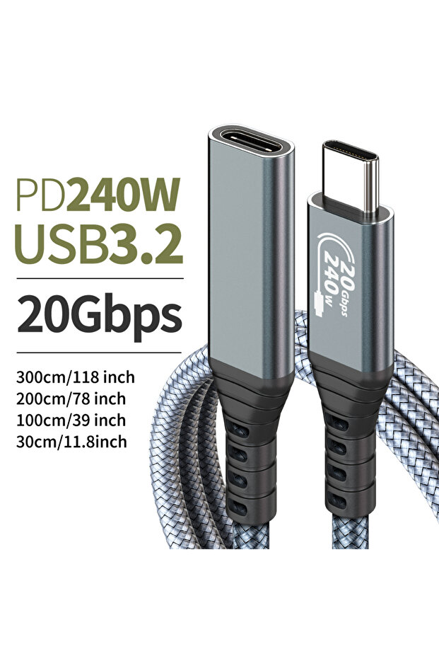 0.3m Grey USB C Extension Cable (20Gbps/240W/3.3Ft), USB 3.2 Type C 3.1 Male to Female Extension Cha