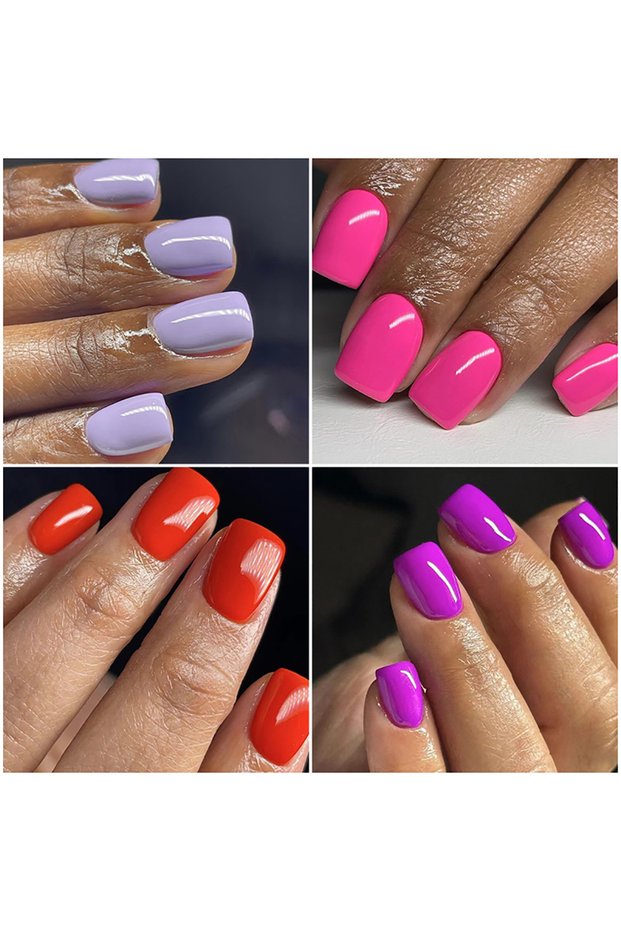 1205 96pcs/set Short Square Fake Nails Glossy Summer 4 Colors Pink Red Purple Green Blue Faux Ongles