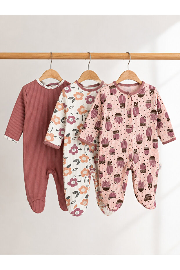 100% Cotton 3-Piece Baby Girl Romper Set with Floral and Cactus Patterned Booties and Long Sleeves for 3-6-9 Months