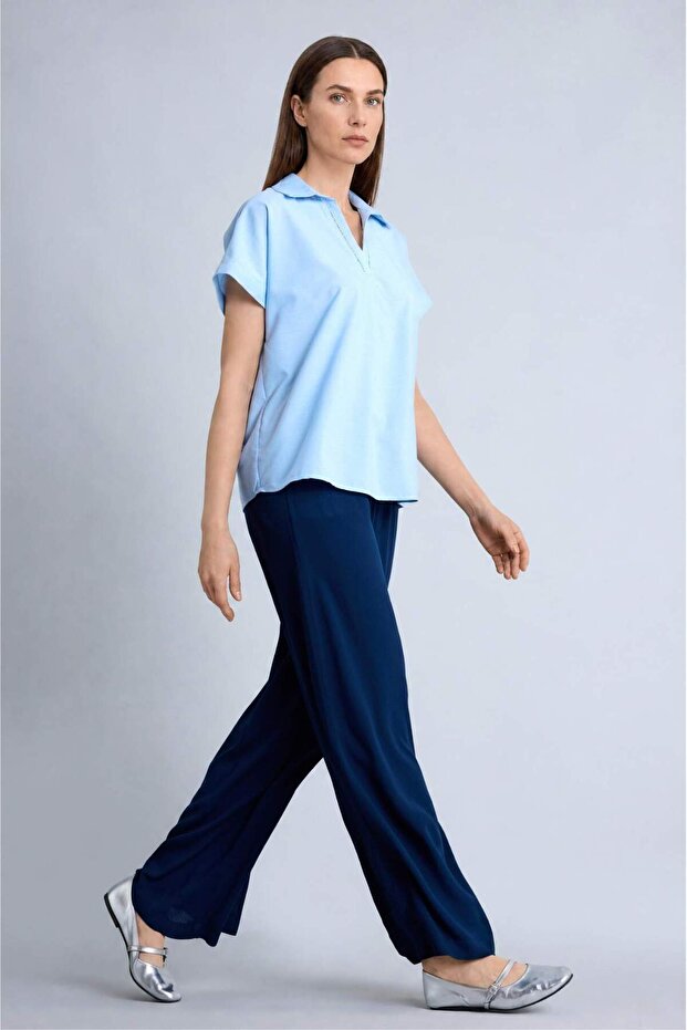 Culotte Wide Leg Wrinkled Textured Viscose Navy Blue Trousers C9565Ax26Sm