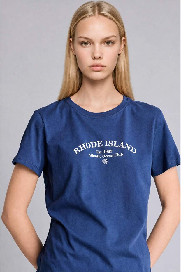 100% Cotton Regular Fit Crew Neck Printed Combed Cotton Short Sleeve Indigo T-Shirt E2792Ax25Sp