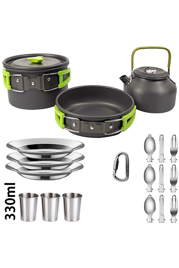 Green-3x330ml Camping Cooking Set Camping Cookware Travel Tableware Outdoor Picnic Set Teapot For 2-