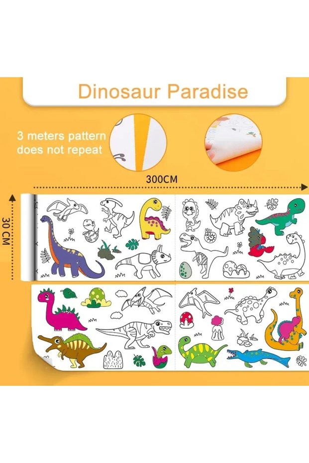 B- Dinosaur Paradise Children Drawing Roll Sticky Coloring Paper Roll DIY Painting Toy Color Filling