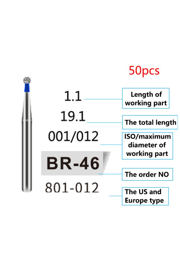 BR-46 50Pcs/Bag Dental Diamond Burs Drill FG 1.6mm Bur For High Speed Handpiece Denspay Dental Bur P