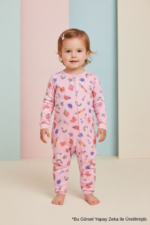 Pink Floral Patterned Zippered Baby Girl Romper - Clara