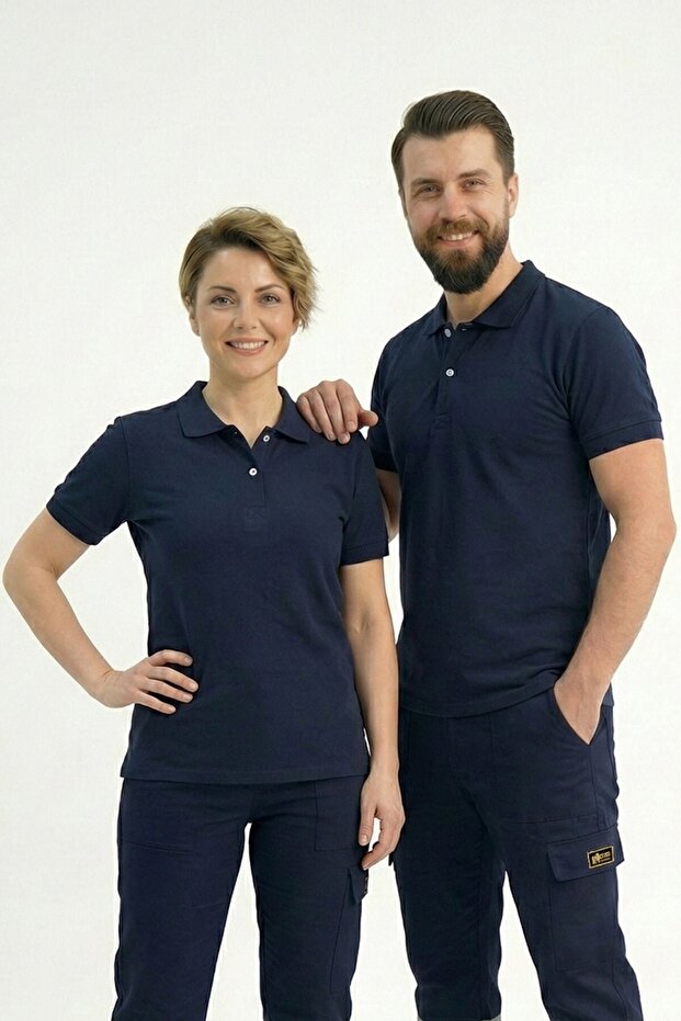Navy Blue Polo Collar Short Sleeve Business T-Shirt Combed Cotton Fabric