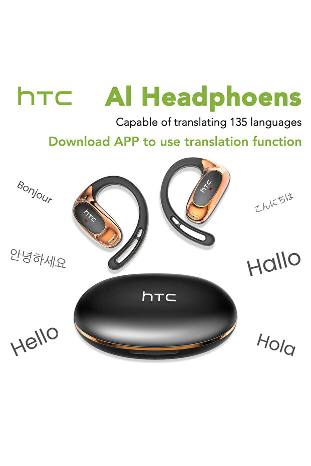 Black AI HTC NE35 Bluetooth V6.0 AI Translation Earphones OWS Sport Headphone Comfortable Ultra-ligh
