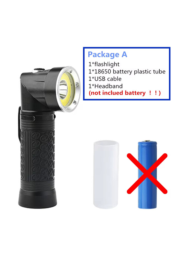 مصباح يدوي LED قوي T6+COB يعمل ببطارية ليثيوم أيون سوداء 1305 بدون بطارية، 4 أوضاع، 90 واط. ° مصباح عمل LED قابل للطي