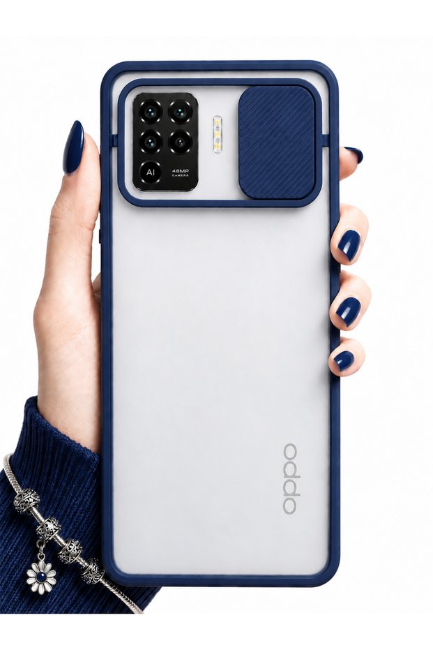 Oppo Reno 5 Lite Compatible Case with Sliding Camera Protection Matte Lens Phone Case - Navy Blue