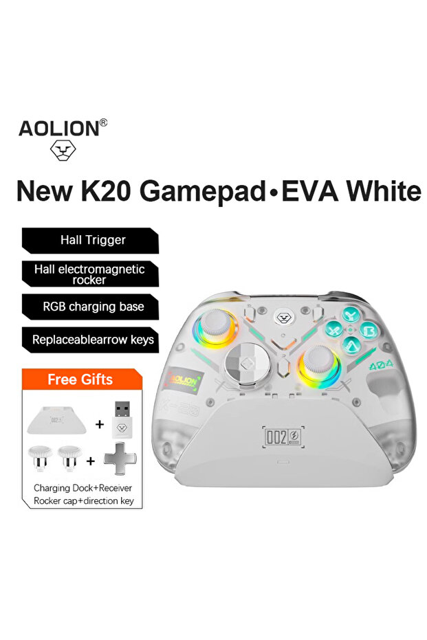 وحدة تحكم ألعاب لاسلكية K20 White Aolion K10 لجهاز Switch 2 مع قاعدة شحن وإضاءة RGB ومستشعرات Hall Joy