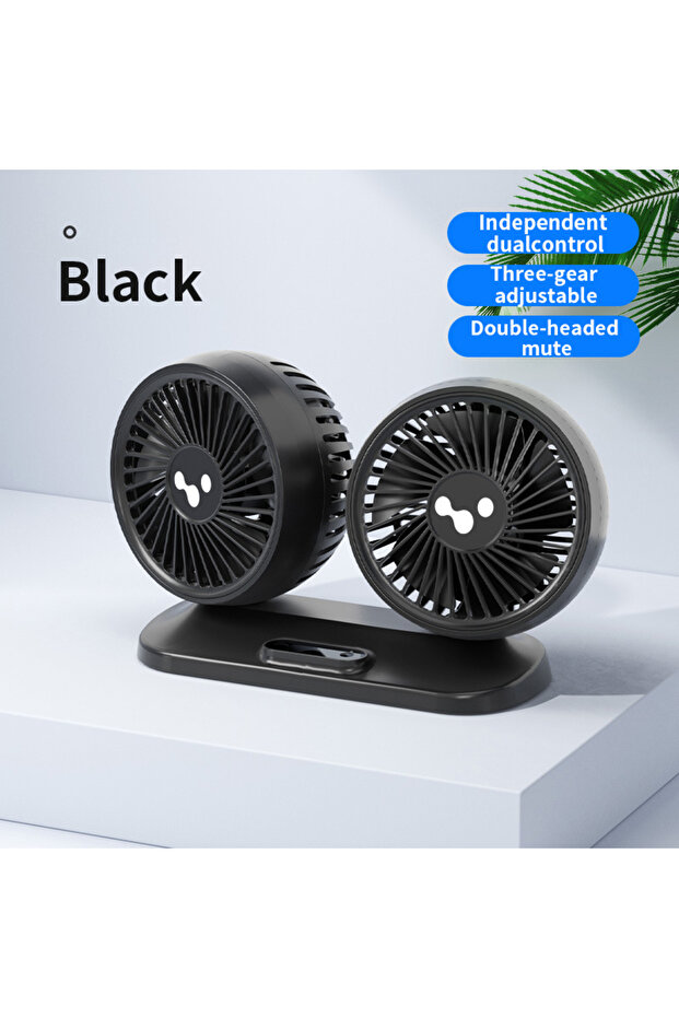 Black LEIBOO Car USB Fan Dual Head Cooling Air Fan Independent Switch 3-Speed 360 Degree Adjustable
