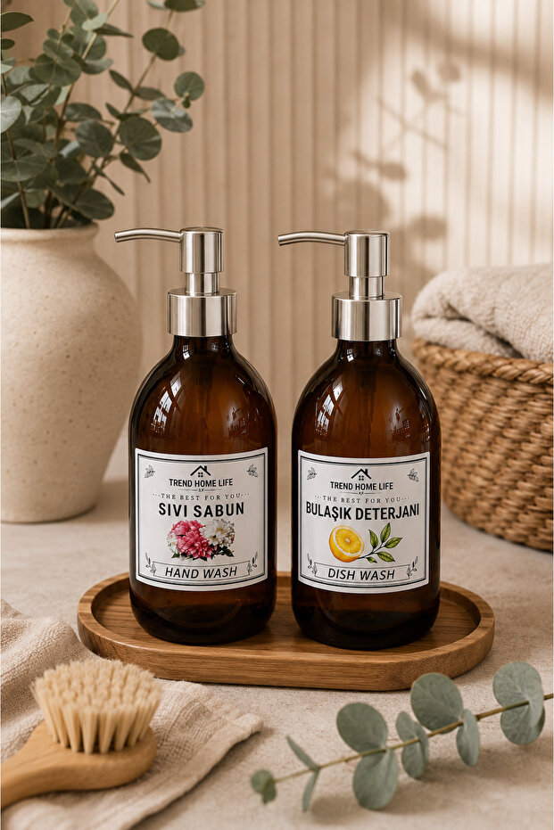 500 ml Silver lid Glass Amber - liquid Soap and Detergent Bottle with Wooden Stand 2 Pack