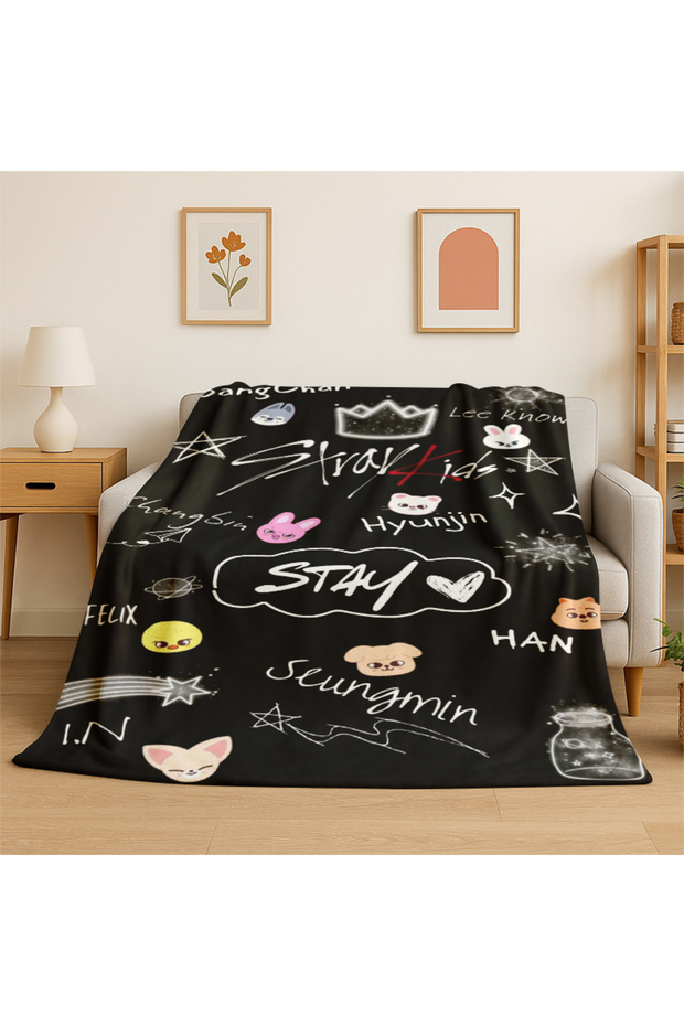 180x220cm 1 Kpop Stray Kids Music Star Flannel Blanket Soft Warm Throw Blanket for Bedroom Living Ro