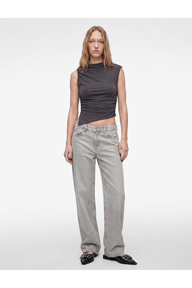 Drapeli Slim Fit Short Sleeve High Neck Asymmetrical Blouse