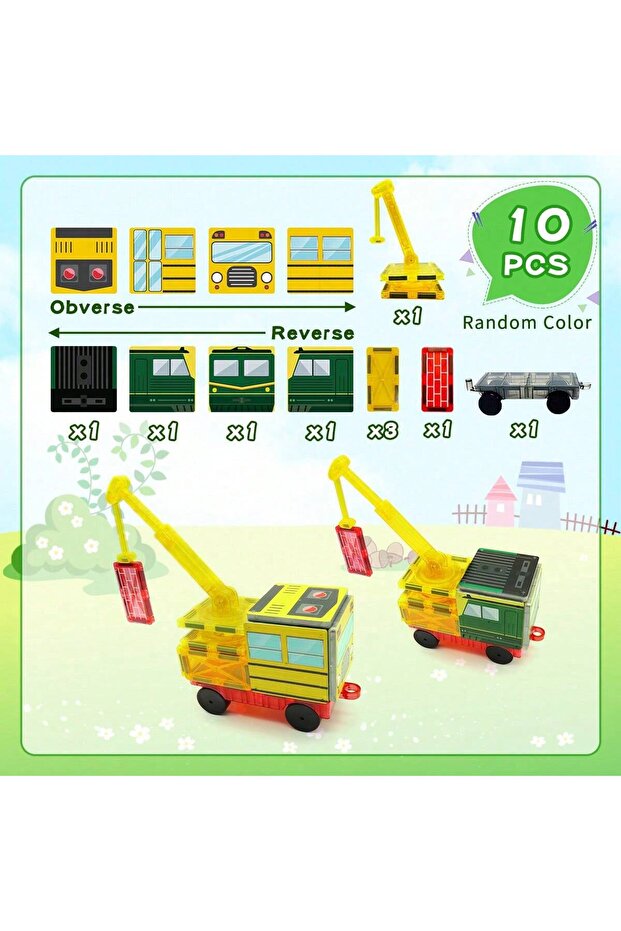10pcs Magnetic building block toys magnetic little car, double-sided pattern, including crane, train