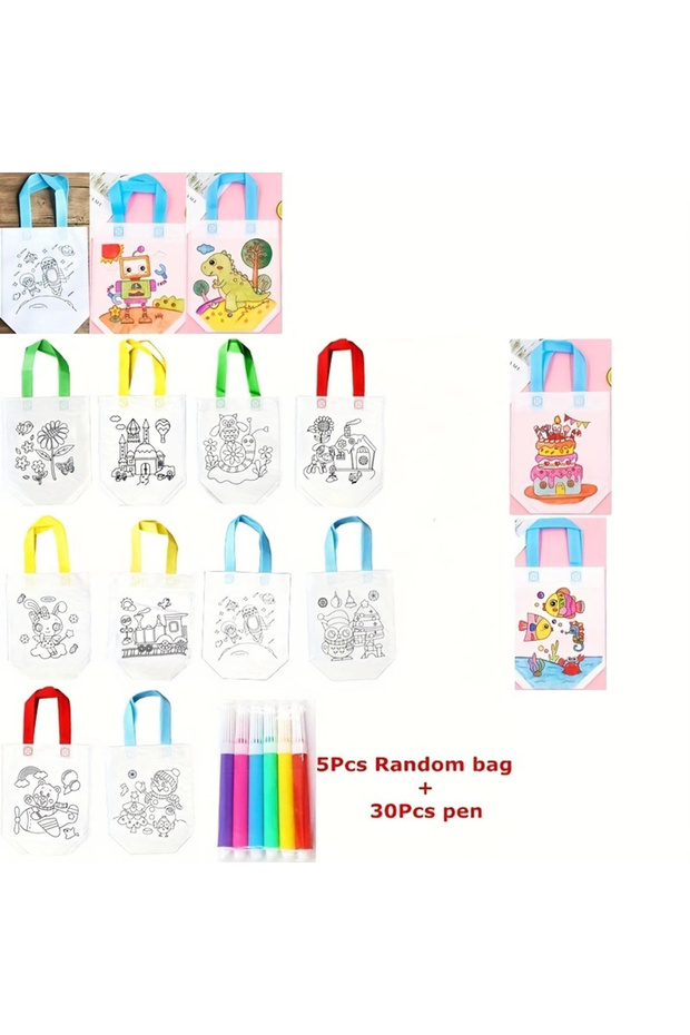 5Pcs bags 30Pcs pen DIY Graffiti Bags with Markers Handmade Painting Non-Woven Bag for Kids Arts Cra