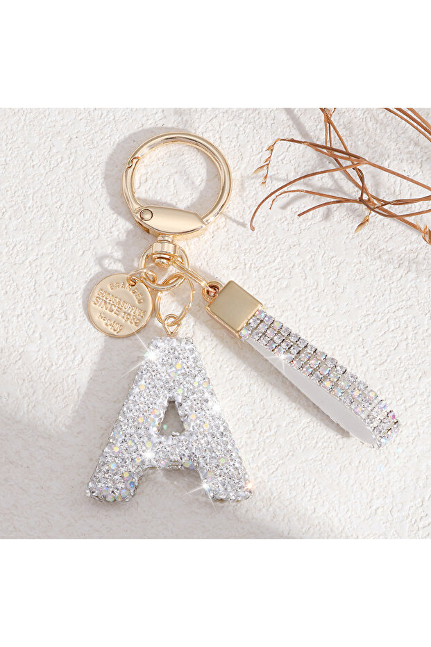 A White Initial Keychain A-Z Letter Key Chain Ladies Girl Shiny Cute Backpack Car Key Accessories La