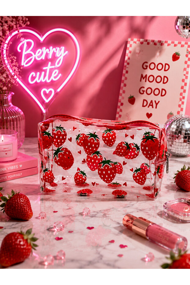 Transparent Strawberry Pattern Pvc Makeup Bag Zippered Cosmetic Bag Travel and Daily Use