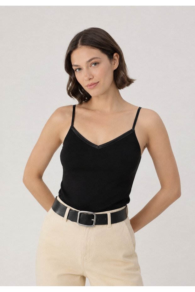 Women's Thin Strap Cotton Basic Undershirt 3100 - Black