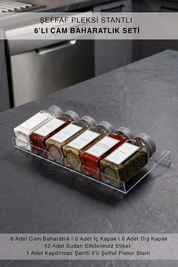 6-Piece Glass Spice Rack Set – with Plexi Stand, White Label, and Silver Lid | Drawer and Countertop Spice Rack Set